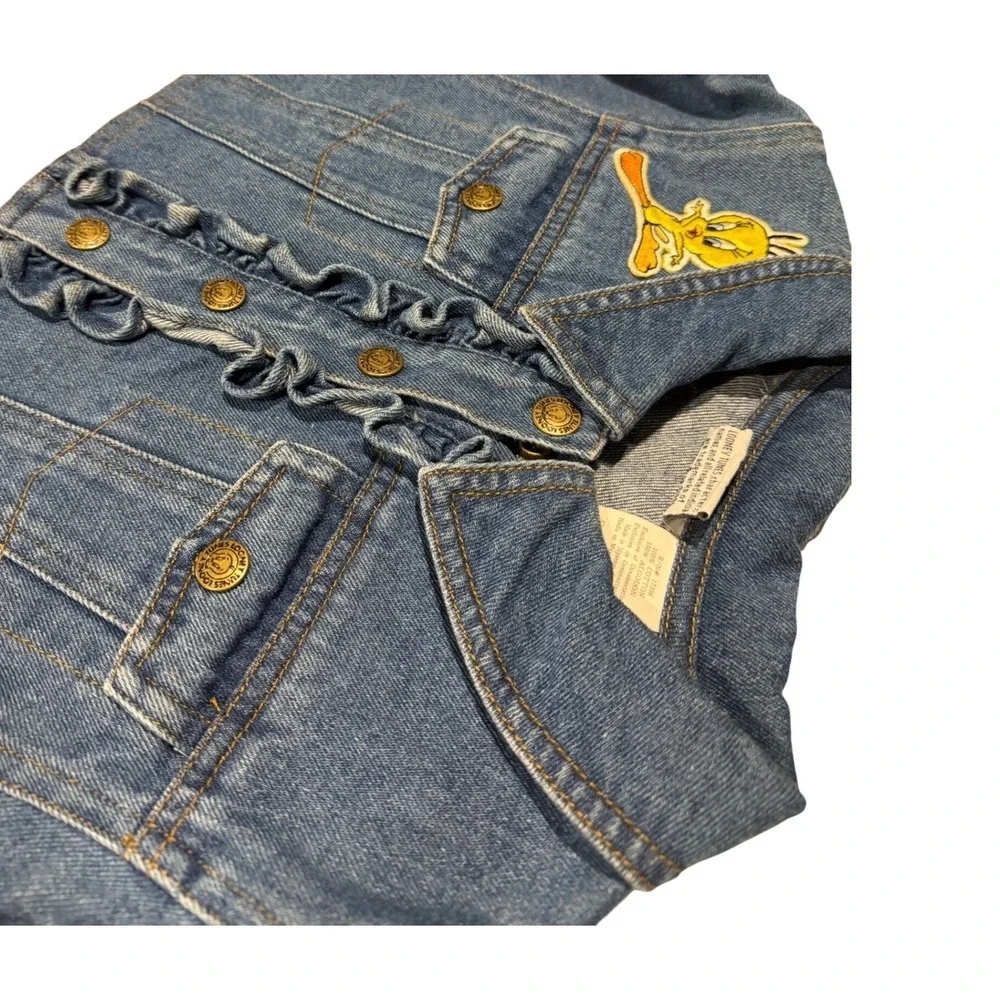 Vintage Looney Tunes Tweety Bird Denim Plaid Dress Kids Size 6X Blue Ruffle 1996